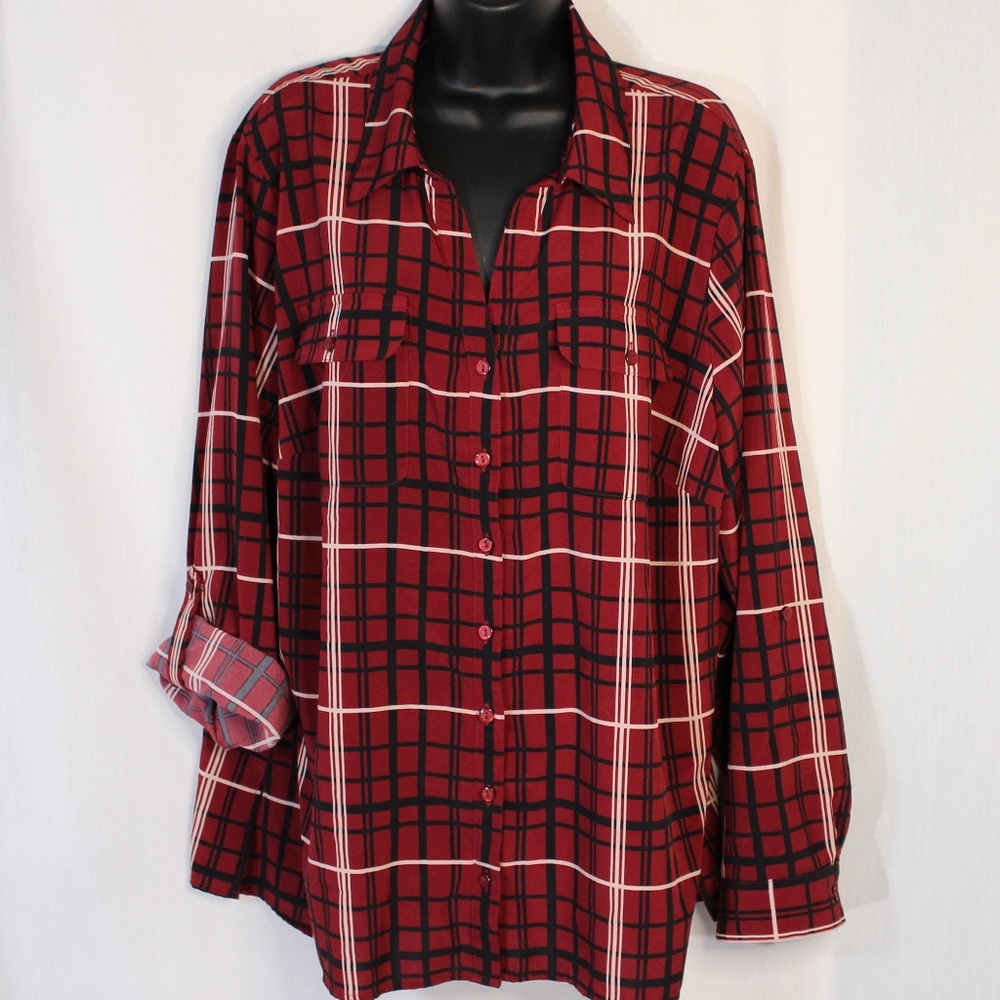 Kim Rogers Womens 2X Blouse Top Shirt Long Sleeves red/white/black plaid.